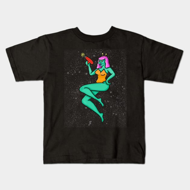 Alien pinup in the stars Kids T-Shirt by tesiamarieart